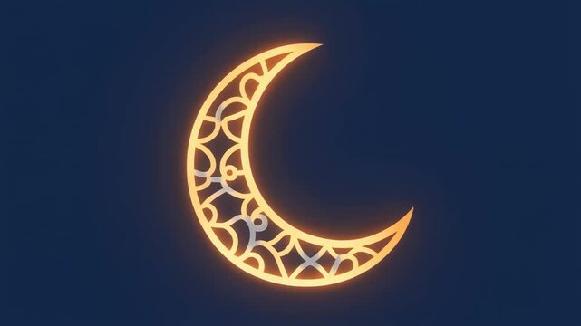 Glowing crescent moon with intricate, golden, Arabic-inspired design on dark blue background, symbolizing Ramadan or Islamic celebrations