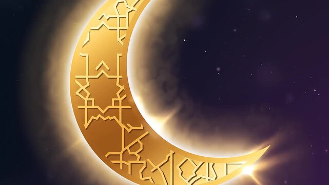 Glowing crescent moon with intricate design and starburst, set against a dark purple night sky with stars. Possible use for Ramadan or Eid celebrations