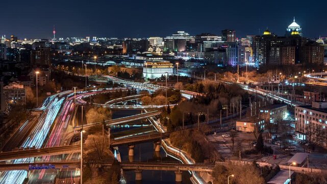 Night time-lapse of traffic flow at Dongbianmen and the night view of the moat in Beijing, China