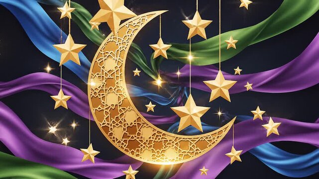 Glowing moon and stars shine brightly in a magical night sky with colorful ribbons, perfect for a festive celebration background