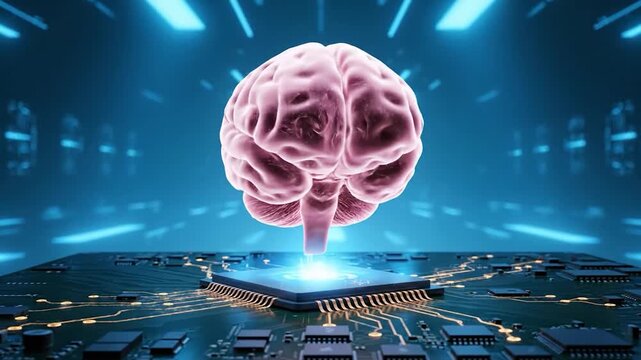 Pink brain hovers over glowing circuit board on blue background