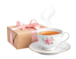 Fototapeta premium - Mother’s Day Gift with Tea Cup and Wrapped Present, Cozy Appreciation Concept 