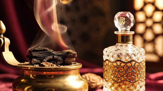 Incense burner and perfume bottle on red velvet with smoke and ornate background