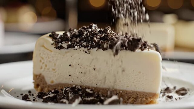 Slice of cheesecake with crushed oreo cookie topping