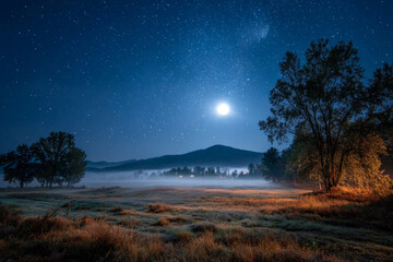 Moonlit night sky over misty autumn field