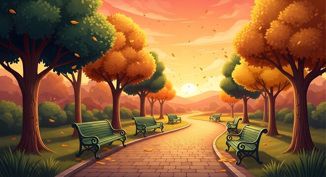 Autumn Park Sunset Walkway featuring golden foliage, park benches, and a winding path in a warm cartoon illustration style