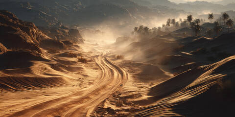 Winding Desert Road Through Sand Dunes at Sunset