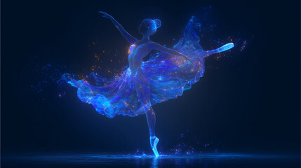 ballerina silhouette performs in a flowing, radiant blue dress made of glowing light and sparkling energy ribbons.