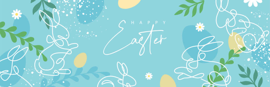 Happy Easter holiday banner with rebbit line art silhouettes, eggs and willow branches and flowers. Vector illustration