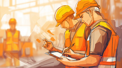 Construction workers writing reports on jobsite