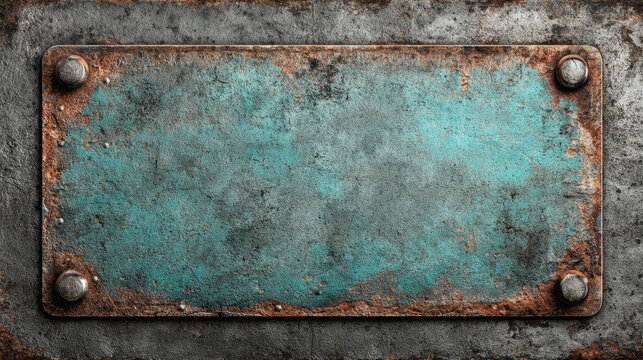 Rusty metal plate with turquoise patina and bolts