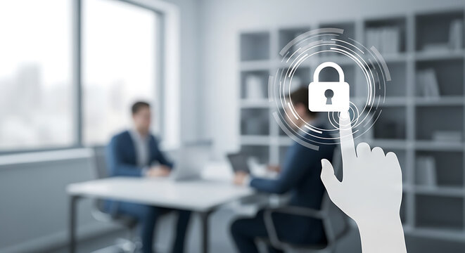 A finger touch activates digital security lock in a modern office technology environment with cyber protection