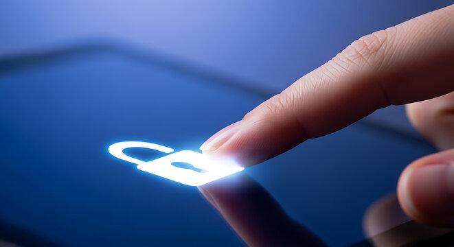 A finger makes digital touch on a cyber security technology interface with a glowing lock icon on a modern digital tablet screen viewed closely