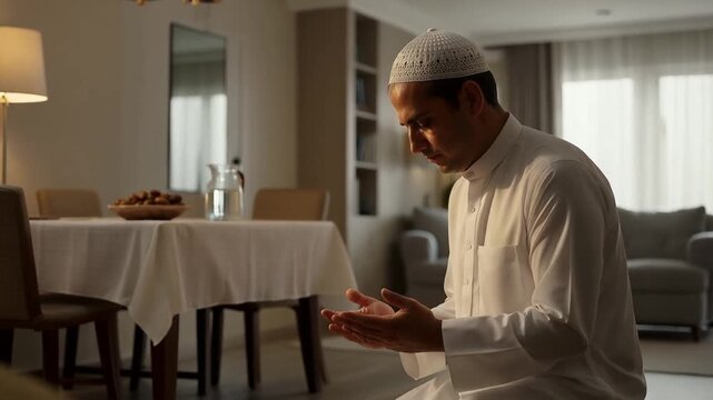 Muslim man praying in a living room with dining table