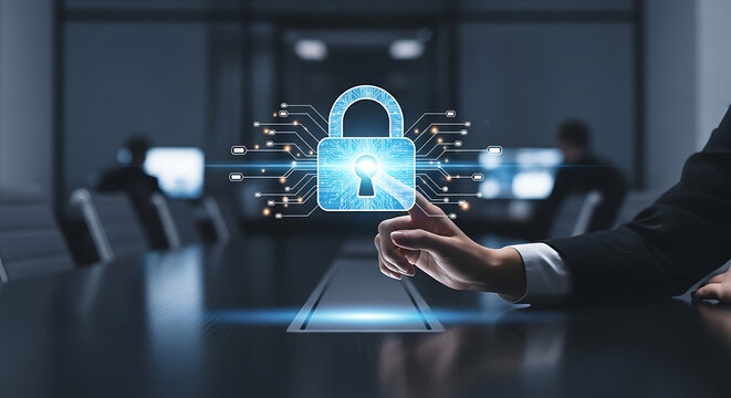A person in a conference room uses their finger to touch a digital padlock on a table, symbolizing cyber security and technology advancements in a modern it environment.