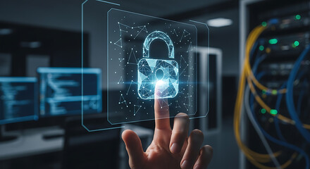 A finger presses a digital lock icon on a touch screen displaying cyber security technology in a dark it server room with digital connections