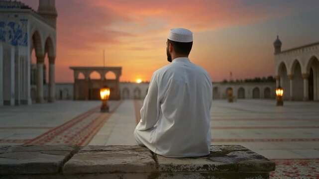 Man in traditional attire sitting on a stone wall, looking out at sunset in a mosque courtyard with arches and lanterns