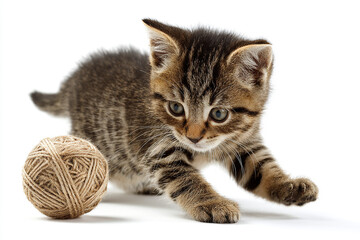 Obraz premium Adorable tabby kitten playing with ball of yarn on white background