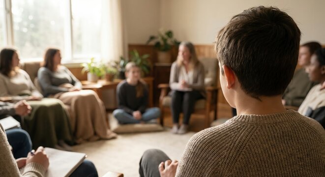 Rear view of teenage boy participating in group therapy session indoors