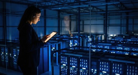 Female IT specialist using digital tablet in server room data center