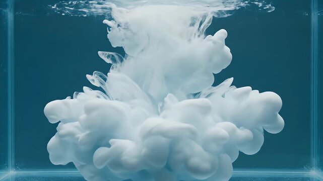 White ink cloud dispersing in blue liquid