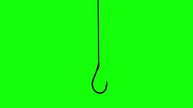 Green screen animation of a fishing hook against a green screen background. Animation of catching a fish. Concept of a fishing hook being lowered into the water.