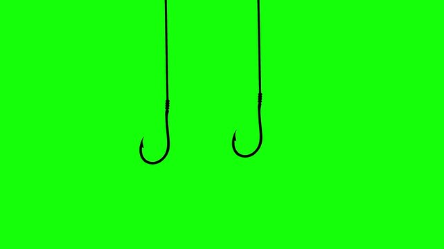 Animation of fishing hooks being lowered alternately against a green screen background. Animation of catching a fish. Concept of many fishing hooks being lowered into the sea.
