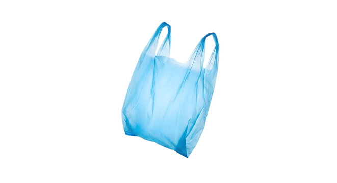 Vibrant blue plastic shopping carrier bag with handles floating isolated on transparent background