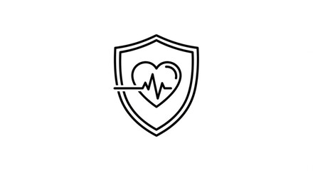 A shield with a heart rate line through a heart symbolizing protection and care for health and wellness in a simple graphic illustration