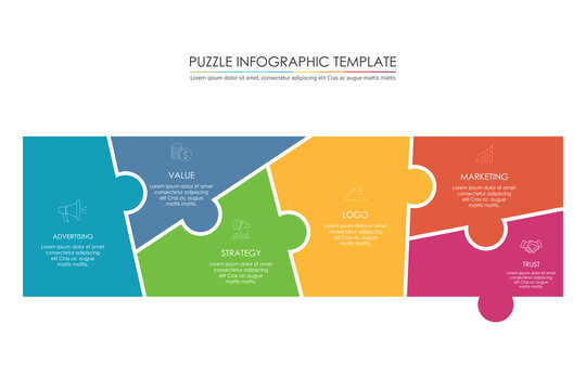 puzzle infographic design with 6 step, graph to describe the steps	