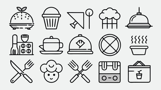 Set of restaurant-themed icons featuring a fork, knife, plate, and chef's hat, symbolizing food and dining experiences..eps