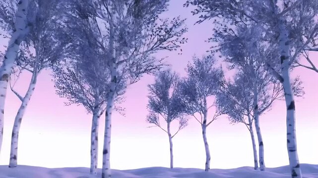 Serene winter landscape featuring a row of tall leafless trees against a gradient purple-pink sky at dusk