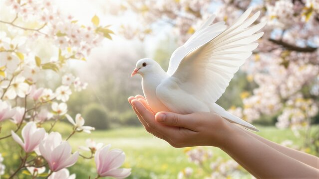 Woman holding a white dove gently in her hands against a soft nature background with blooming trees. Concept of peace, Holy Spirit, and freedom for Pentecost.