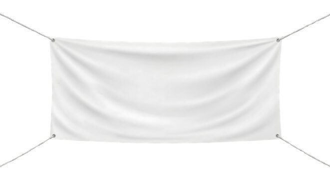 Blank White Fabric Banner Hanging with Ropes Advertising Space for Text and Design isolated on transparent background