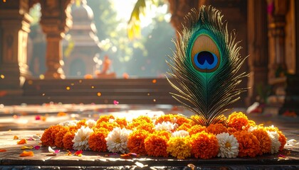 Sacred Temple Decor with Peacock Feather and Flower Garland