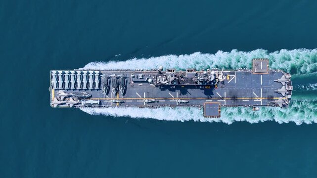 Nuclear ship warship Military navy ship carrier full loading fighter jet aircraft and Helicopters sailing in the ocean. Military warship deck loaded with fighter jets Naval defense power army force