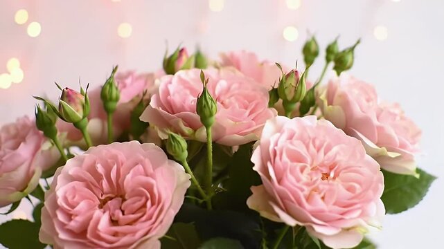 Soft Pink Roses Bouquet with Green Foliage in Bright Studio Lighting Close-Up View