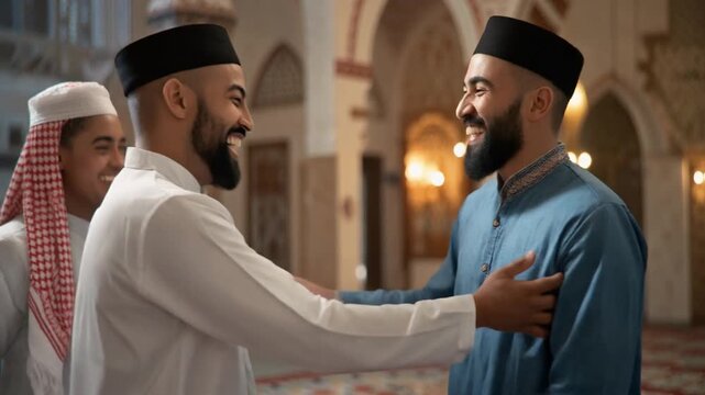 Two Muslim Men Embrace in Mosque, Friends Congregate in Background
