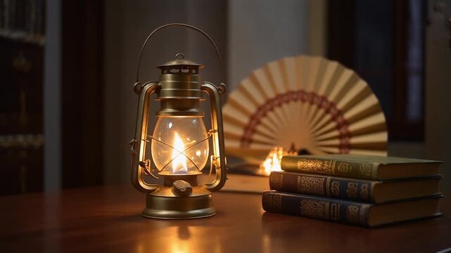 Vintage lantern with flame on wooden table with stack of old books and folding fan on background in library