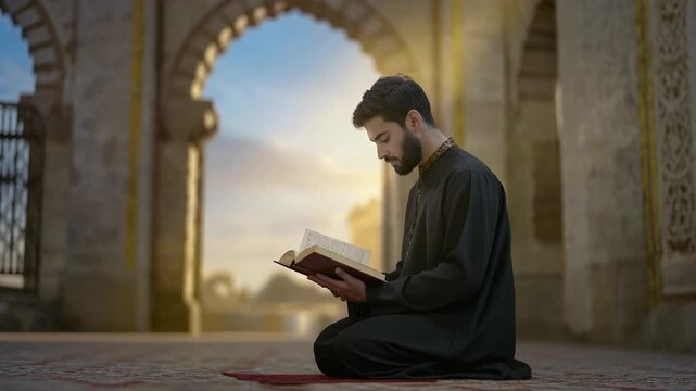 Young man reading book in traditional attire sitting on floor in mosque with arched doorway and sunset background