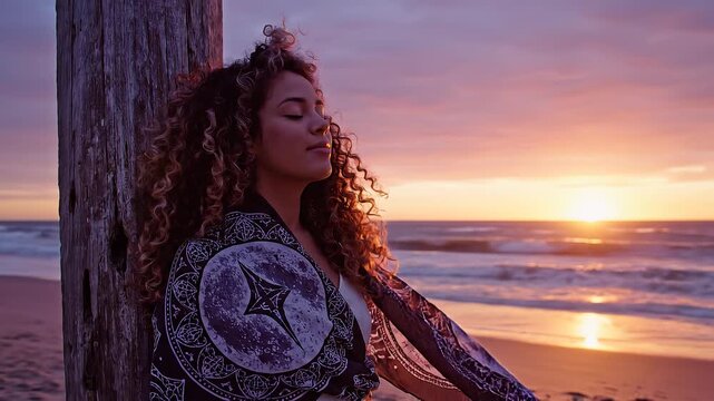 Woman in white dress with shawl leaning on wooden post at beach during sunset