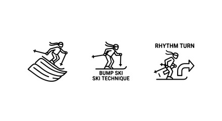 Obraz premium Dynamic Black Line Icons Depicting Various Skiing Techniques Including Bump Skiing and Rhythmic Turns for Winter Sports