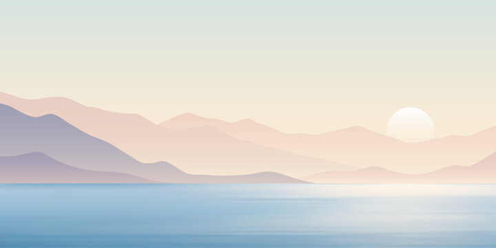 Minimalistic seascape, stylized sea sunset, setting sun, vector illustration