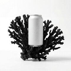 Professional mockup of a medium sized tin bottle on a coral reef.