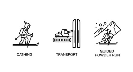 Obraz premium Detailed line art icons illustrating guided powder runs, ski transport, and backcountry skiing adventures with a snowcat and a skier with a backpack.
