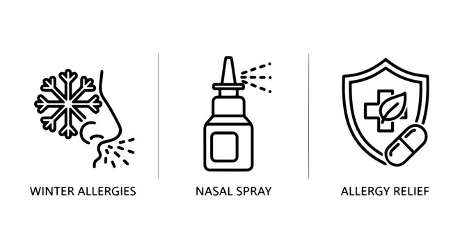 Winter Allergies and Effective Relief Solutions, Depicted with Minimalist Outline Icons of a Sneezing Nose, Nasal Spray, and a Symbolic Shield for Health Protection