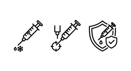 Medical Vaccination and Immunization Icons Featuring Syringes Protection Shields and Cold Chain Storage