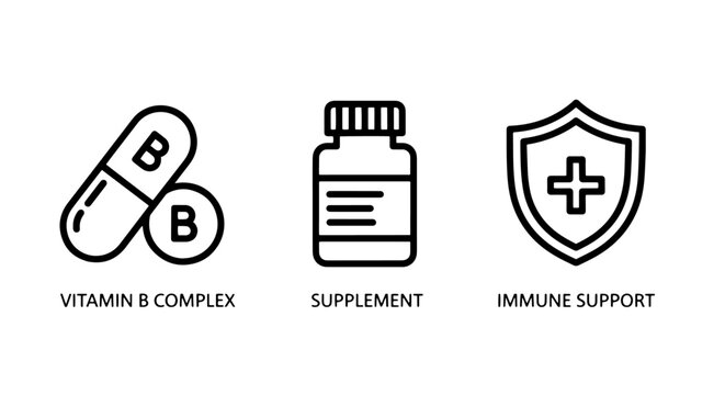 Health Supplement Vitamin B Complex and Immune Support Shield Line Icons