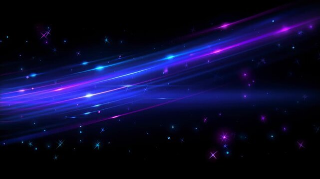 neon light rays and stars in blue, purple, and pink colors on a black space