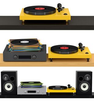 Stylish turntables with vinyl records, stereo receiver, speakers on shelf, minimalist audio setup concept on white background